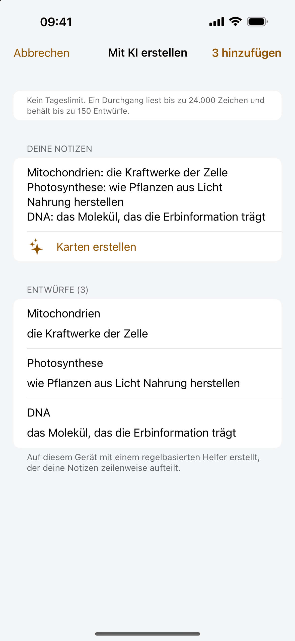 Notizen und Lernkartenentwürfe in Cardpile auf dem iPhone, bereit zum Prüfen und Behalten
