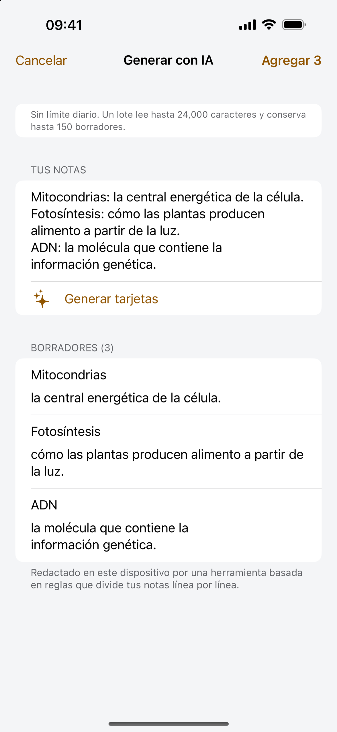 Notas y tarjetas de estudio en Cardpile en iPhone, listas para revisar y guardar.