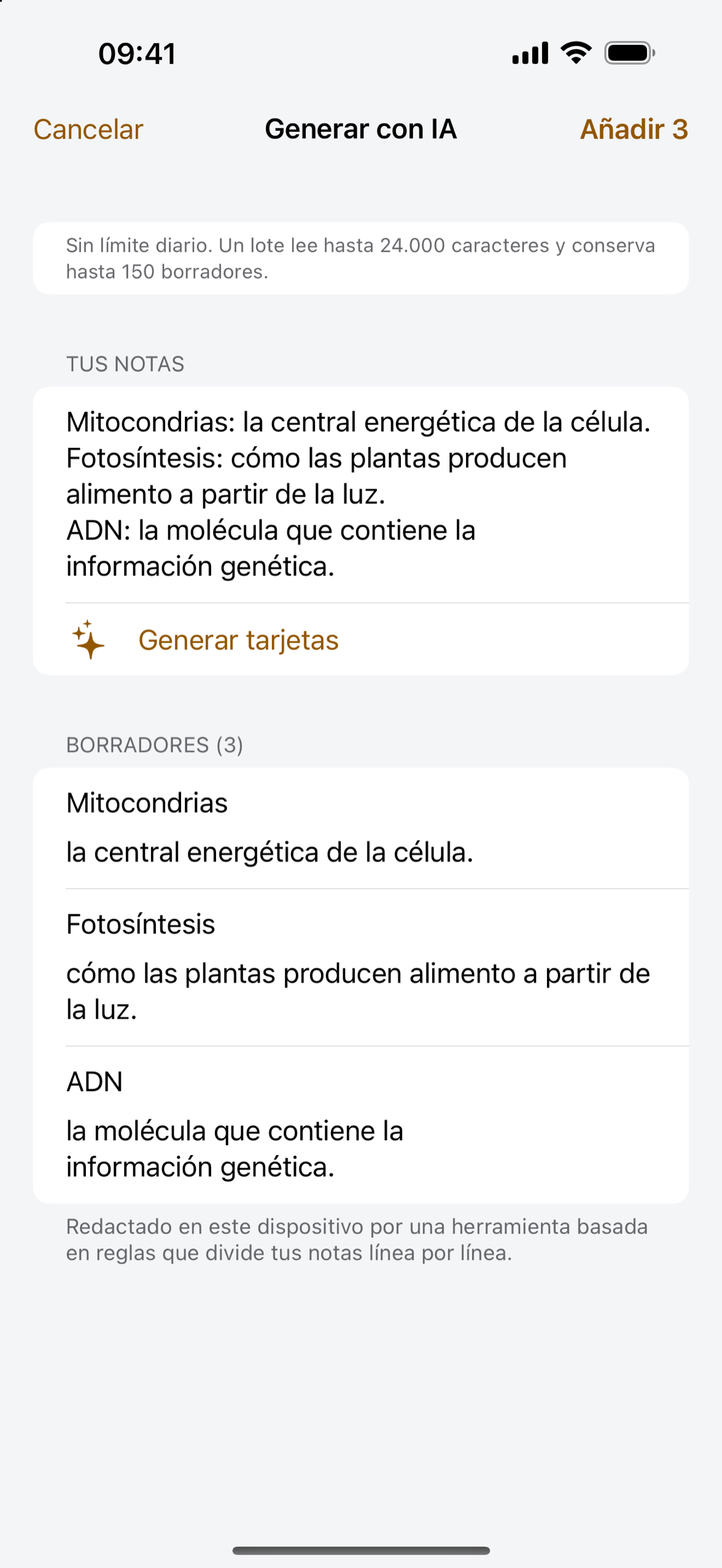 Notas y tarjetas de estudio en Cardpile en iPhone, listas para revisar y guardar.