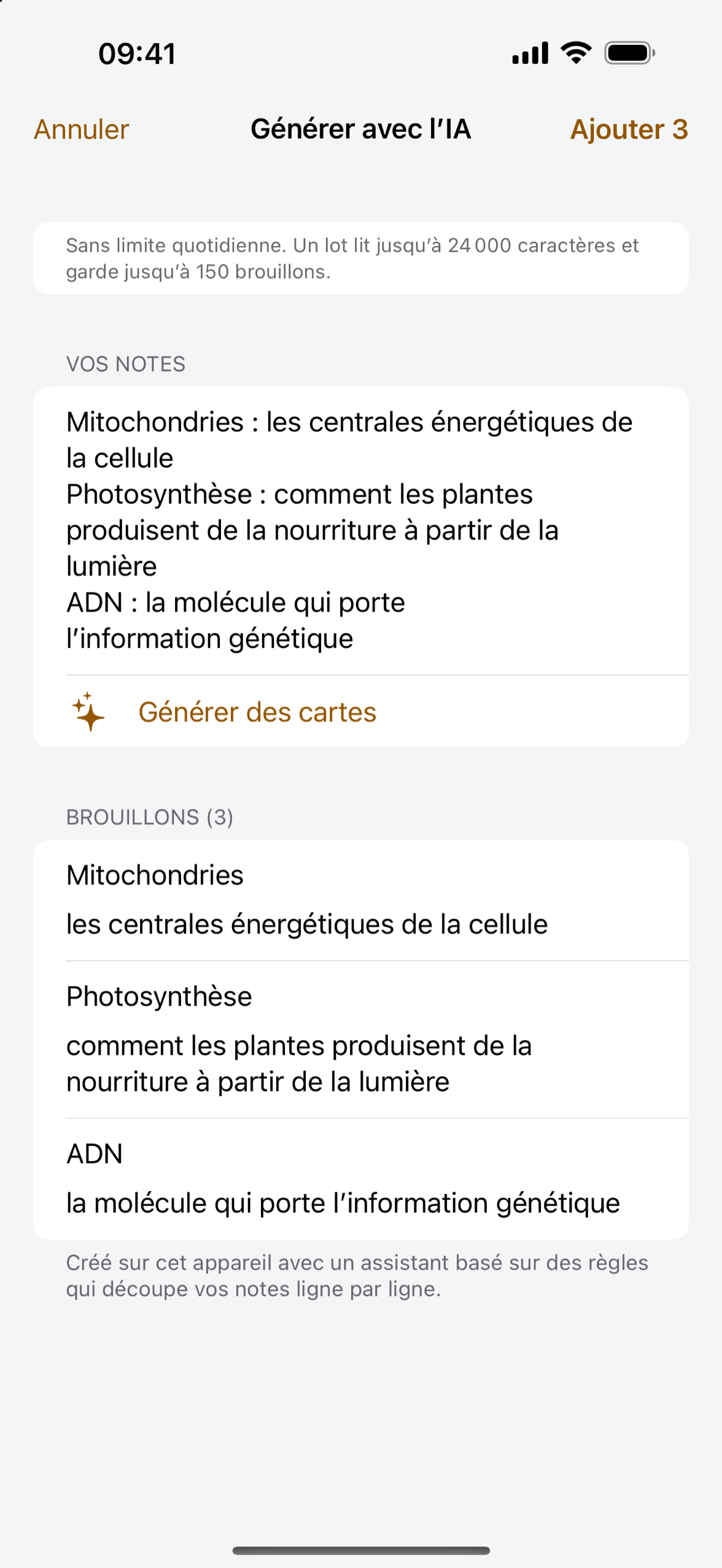 Notes et cartes mémoire ébauchées dans Cardpile sur iPhone, prêtes à être vérifiées et conservées