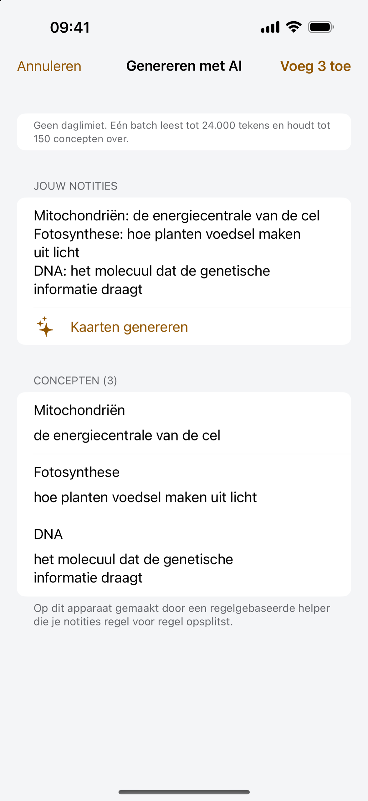 Aantekeningen en conceptkaarten in Cardpile op iPhone, klaar om te controleren en te bewaren