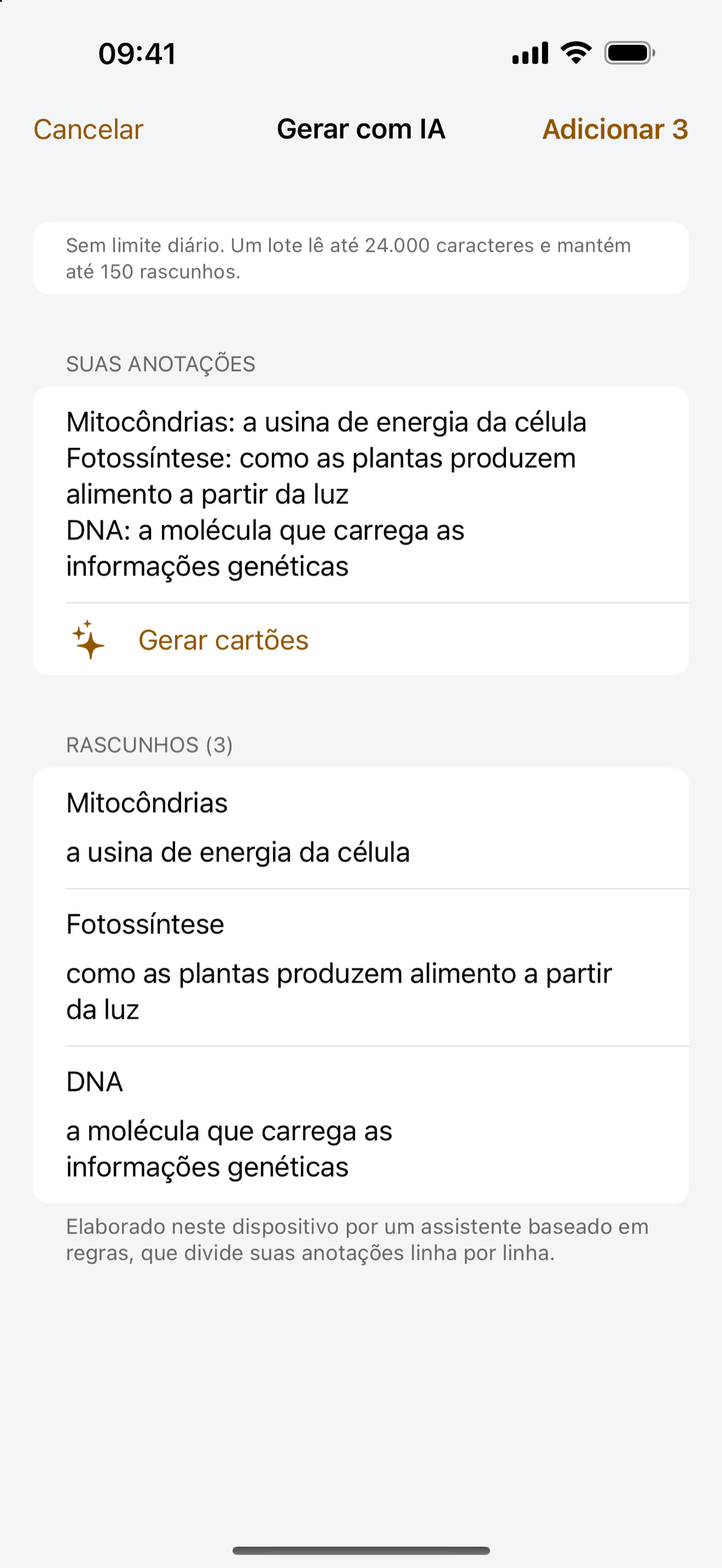 Notas e cartões de memorização em Cardpile no iPhone, prontos para serem revisados e arquivados.