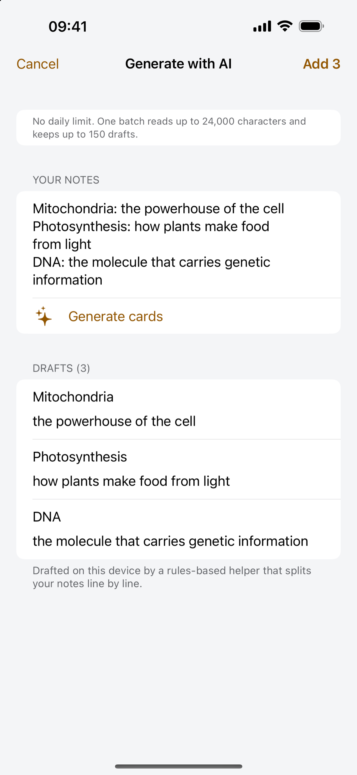 Notes and draft flashcards in Cardpile on iPhone, ready to check and keep