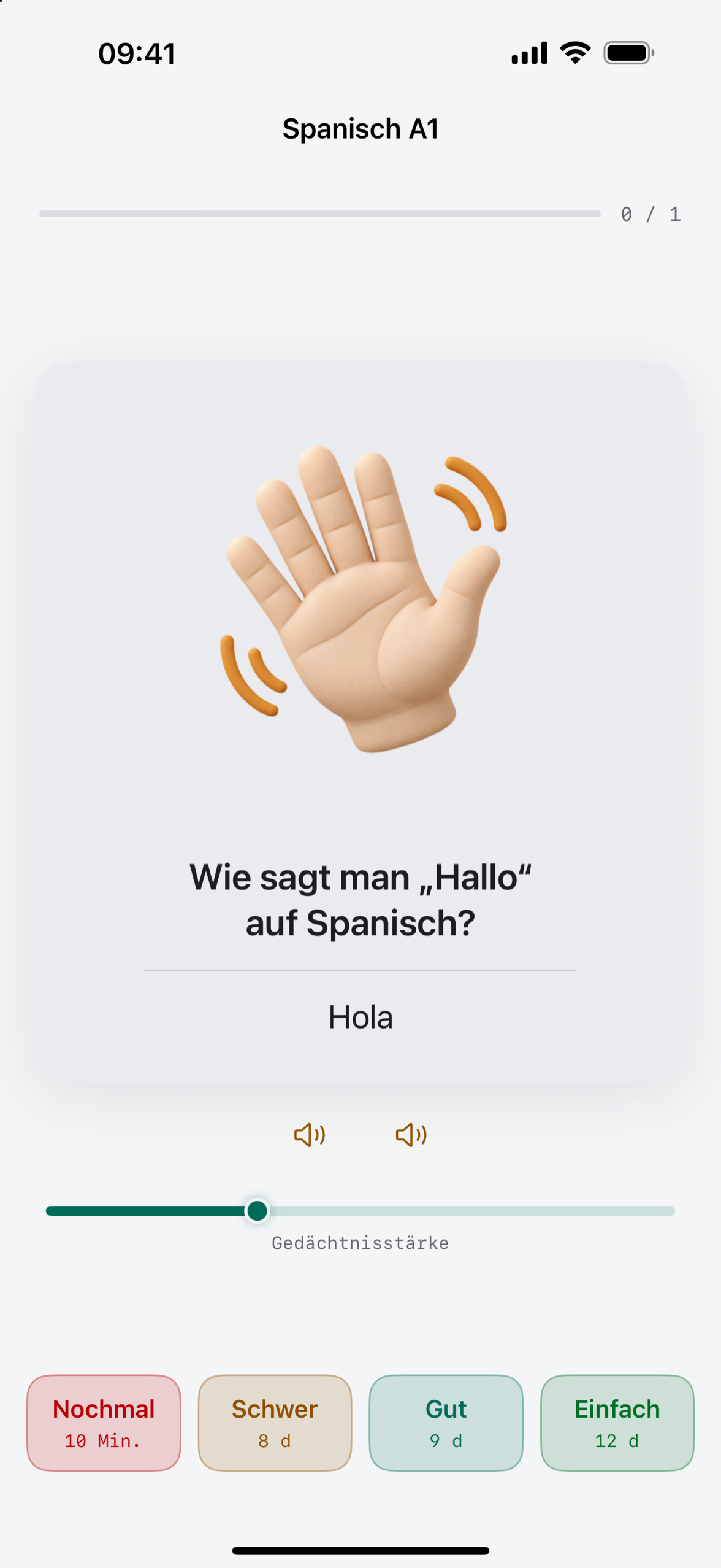 Eine Cardpile-Lernkarte auf dem iPhone mit aufgedeckter Antwort und vier Bewertungen samt nächsten Intervallen.