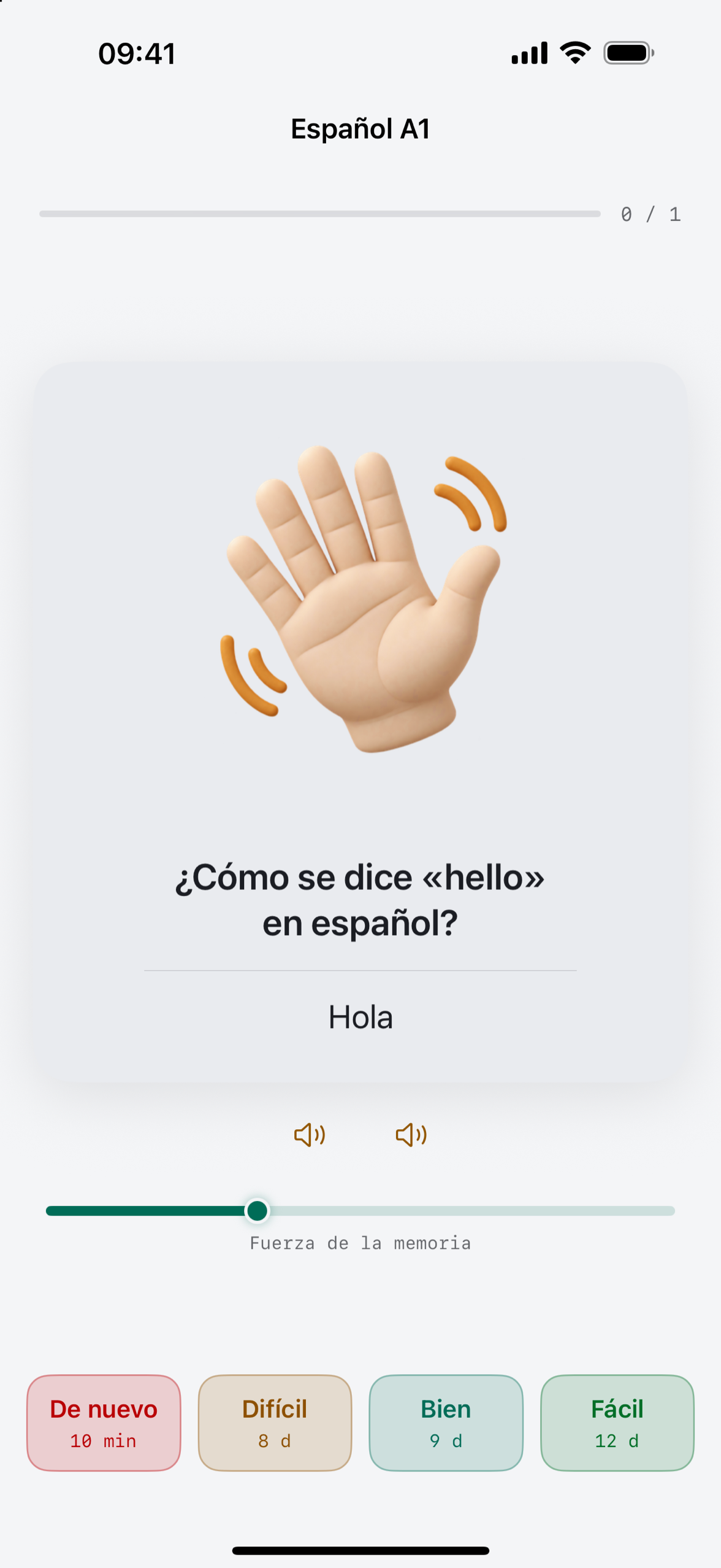 Una tarjeta de estudio de Cardpile en iPhone con la respuesta revelada y las cuatro calificaciones, cada una mostrando su siguiente intervalo.