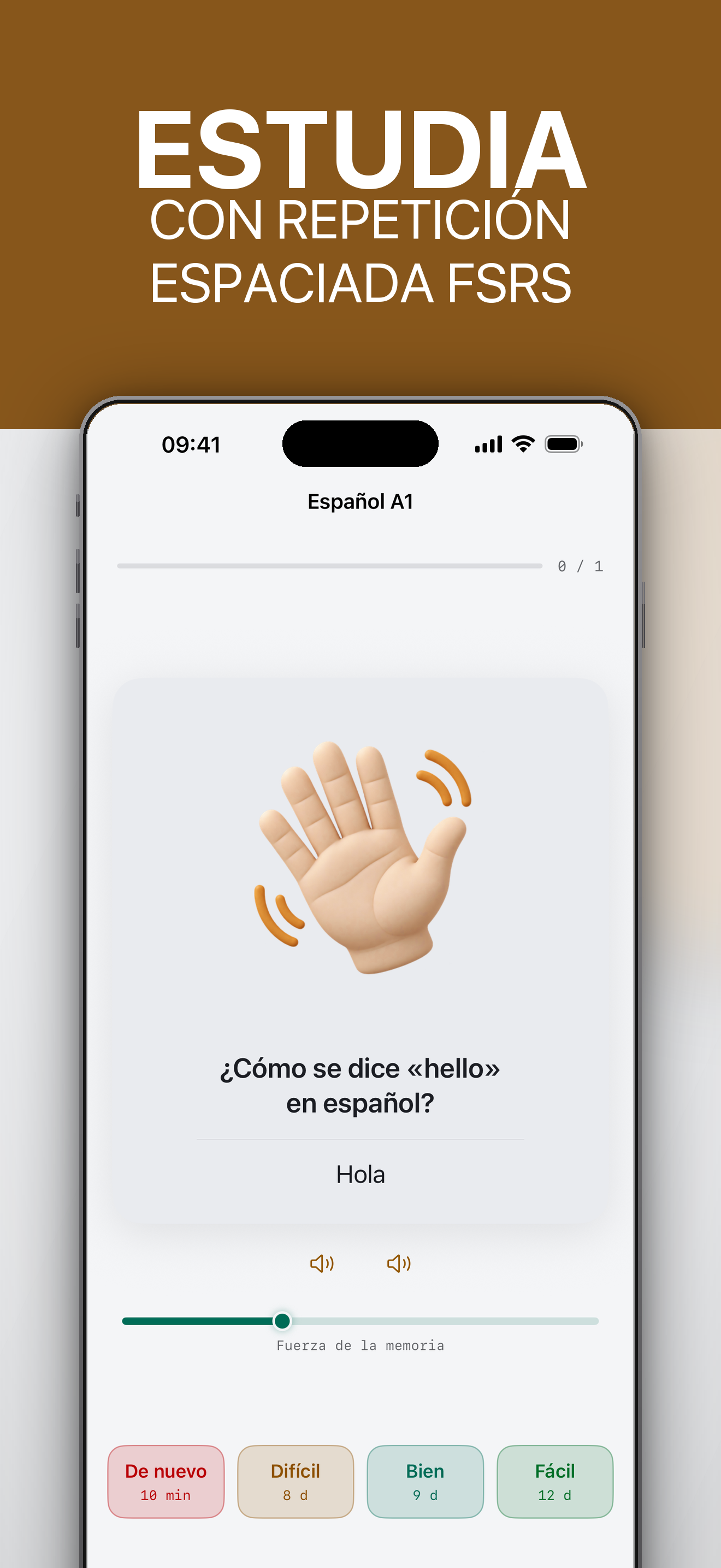 Una tarjeta de estudio de Cardpile en iPhone con la respuesta revelada y las cuatro calificaciones, cada una mostrando su siguiente intervalo.