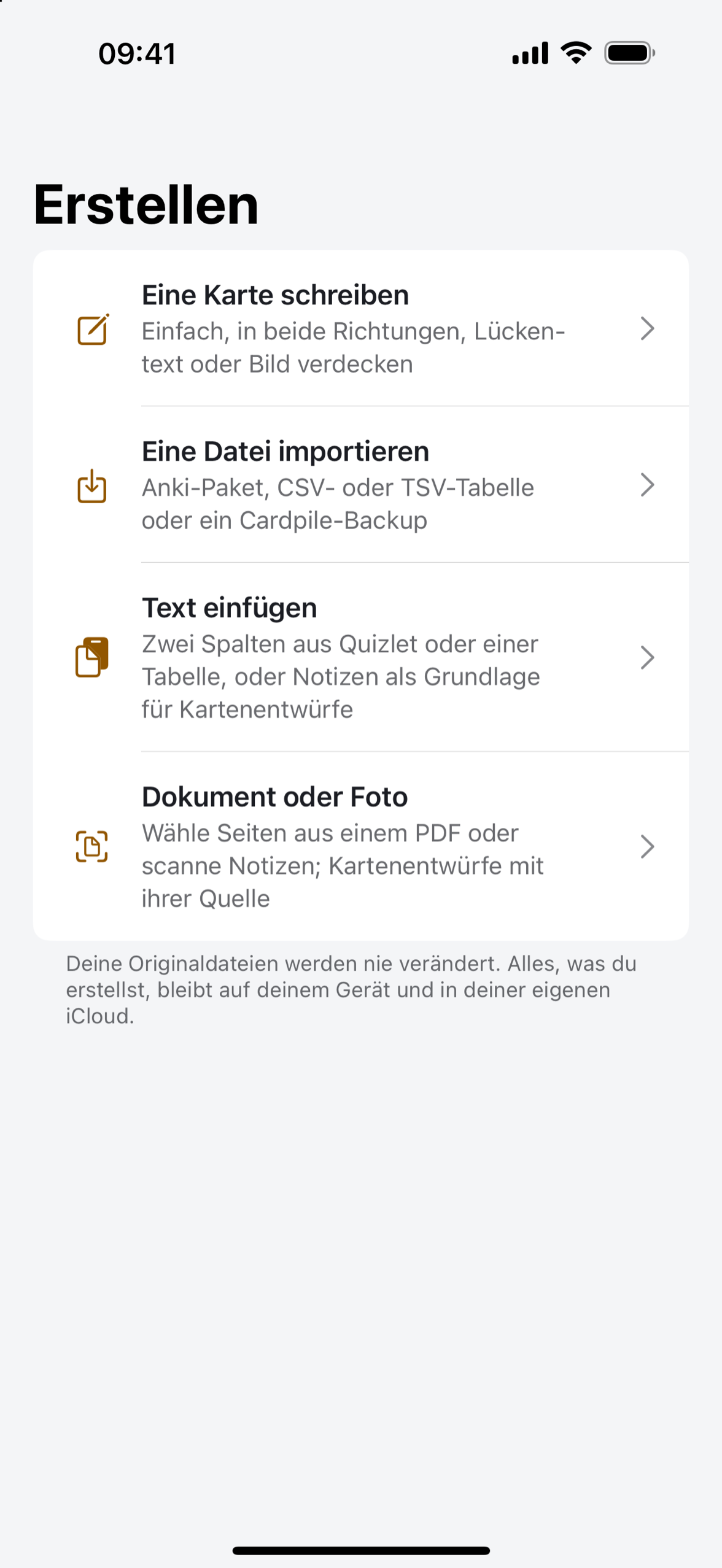 Ein importierter Anki-Stapel in Cardpile auf dem iPhone, mit aufgelisteten Karten zum Lernen