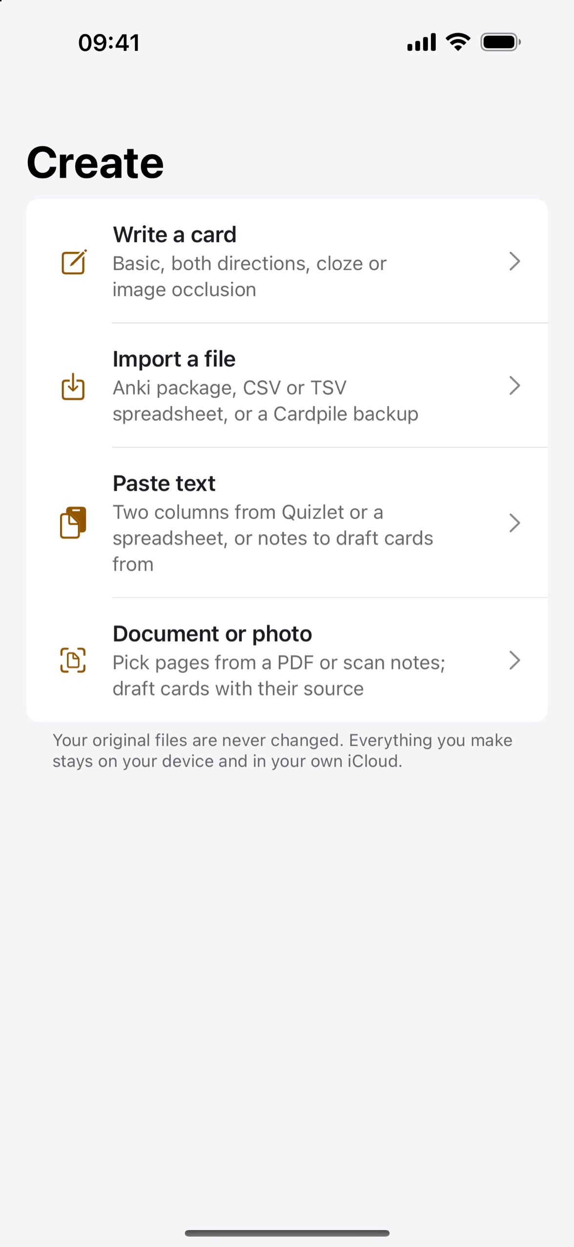 An imported Anki deck in Cardpile on iPhone, with the cards listed and ready to study